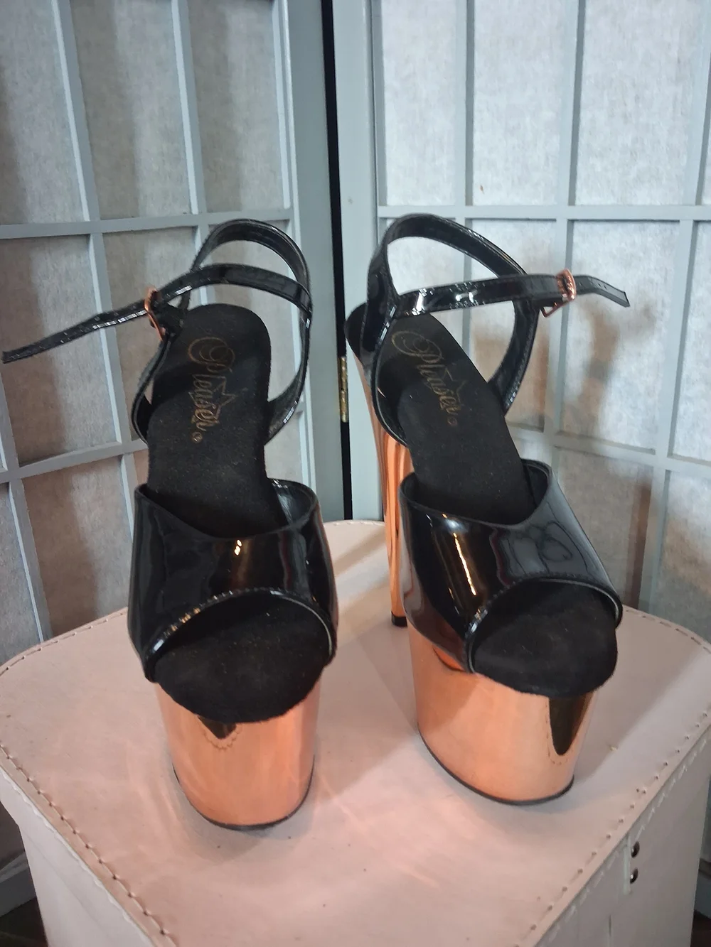 🖤👡Pleaser Black Patent & Rose Gold Chrome Platform Heels | Exotic Dance Shoes